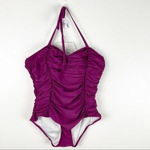 BEACH BASH Wine Ruched Halter Stop One Piece Retro Swimsuit, Size XXL